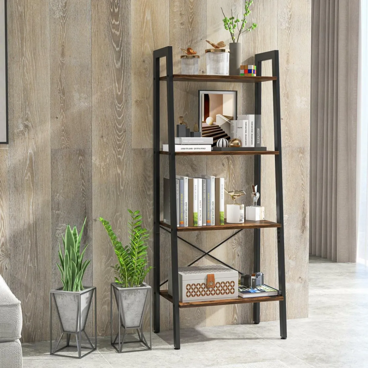 Tangkula Ladder Bookshelf, 4-Tier Industrial Wood Bookcase