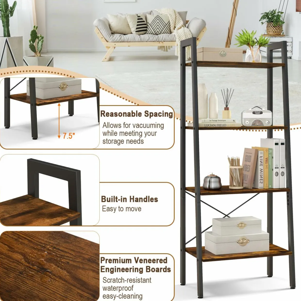 Tangkula Ladder Bookshelf, 4-Tier Industrial Wood Bookcase