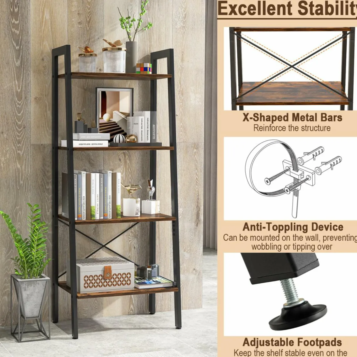 Tangkula Ladder Bookshelf, 4-Tier Industrial Wood Bookcase
