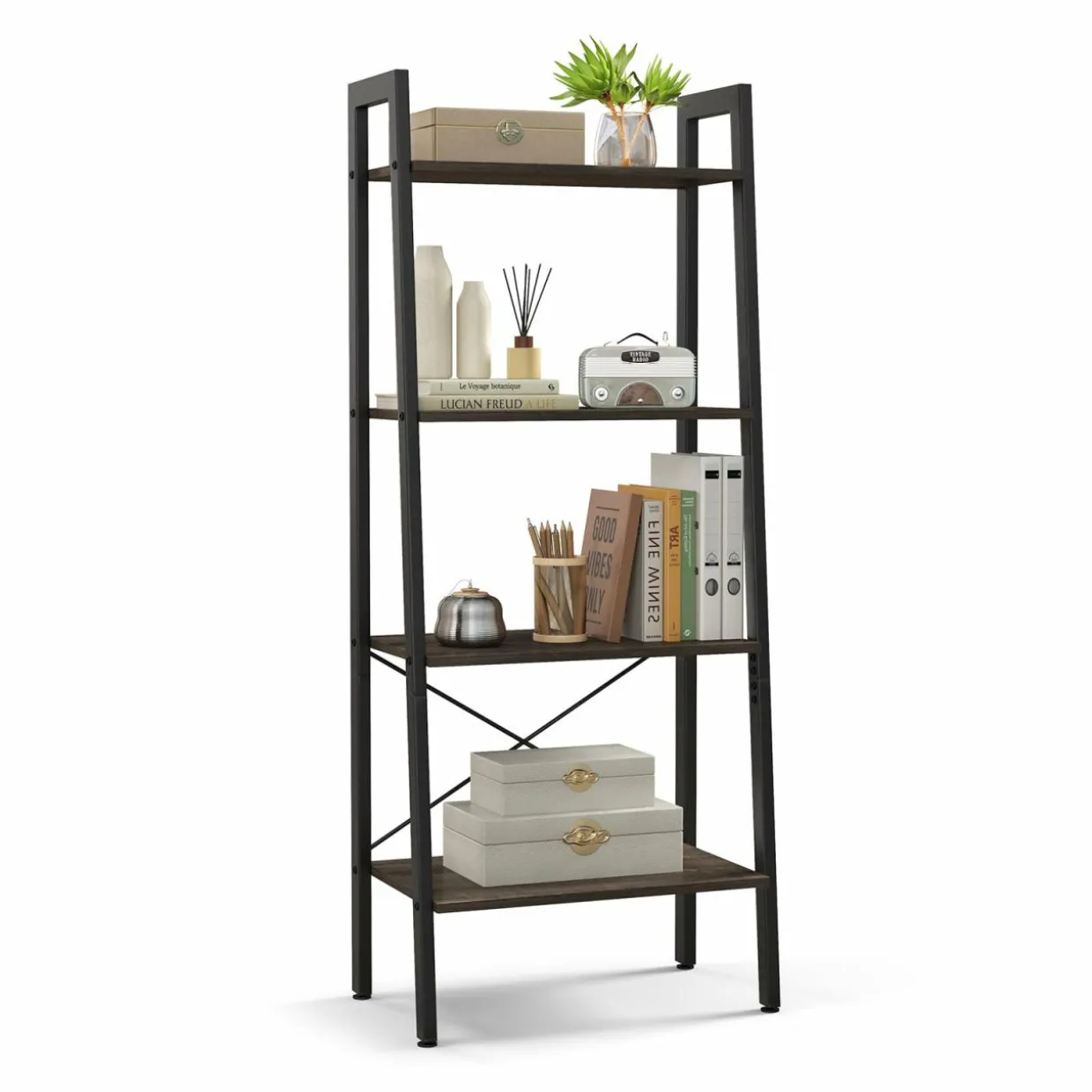 Tangkula Ladder Bookshelf, 4-Tier Industrial Wood Bookcase