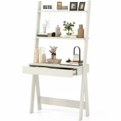 Tangkula Ladder Desk with Countertop & Drawer, Freestanding 2-Tier Ladder Shelf Desk