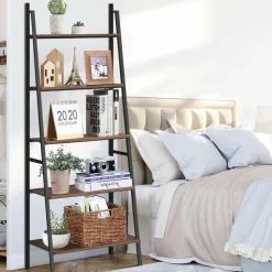 Tangkula Ladder Shelf, 5 Tier Industrial Bookcase, Multifunctional Display Bookshelf