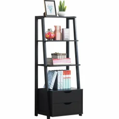 Tangkula Ladder Shelf Bookcase, Free Standing 4-Tier Bookshelf with 2 Storage Drawers