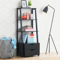 Tangkula Ladder Shelf Bookcase, Free Standing 4-Tier Bookshelf with 2 Storage Drawers