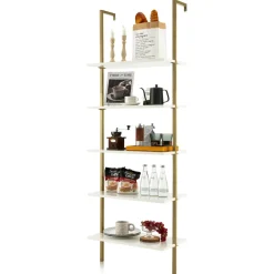 Tangkula Ladder Shelf, 5-Tier Industrial Ladder Bookshelf, Wall Mounted Tall 5-Shelf Modern Bookcase Open Display Shelf with Steel Frame