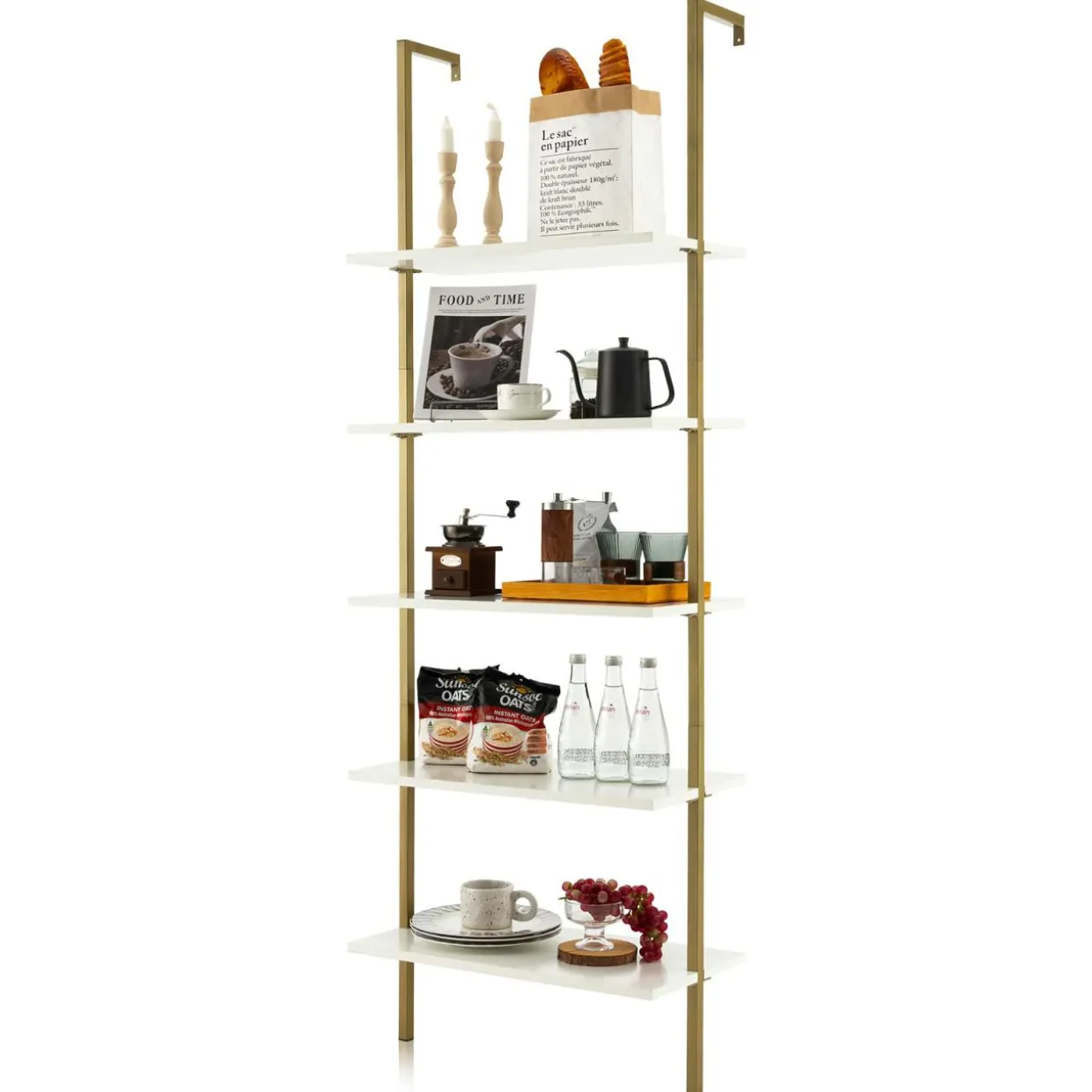 Tangkula Ladder Shelf, 5-Tier Industrial Ladder Bookshelf, Wall Mounted Tall 5-Shelf Modern Bookcase Open Display Shelf with Steel Frame