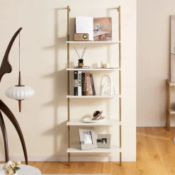 Tangkula Ladder Shelf, 5-Tier Industrial Ladder Bookshelf, Wall Mounted Tall 5-Shelf Modern Bookcase Open Display Shelf with Steel Frame