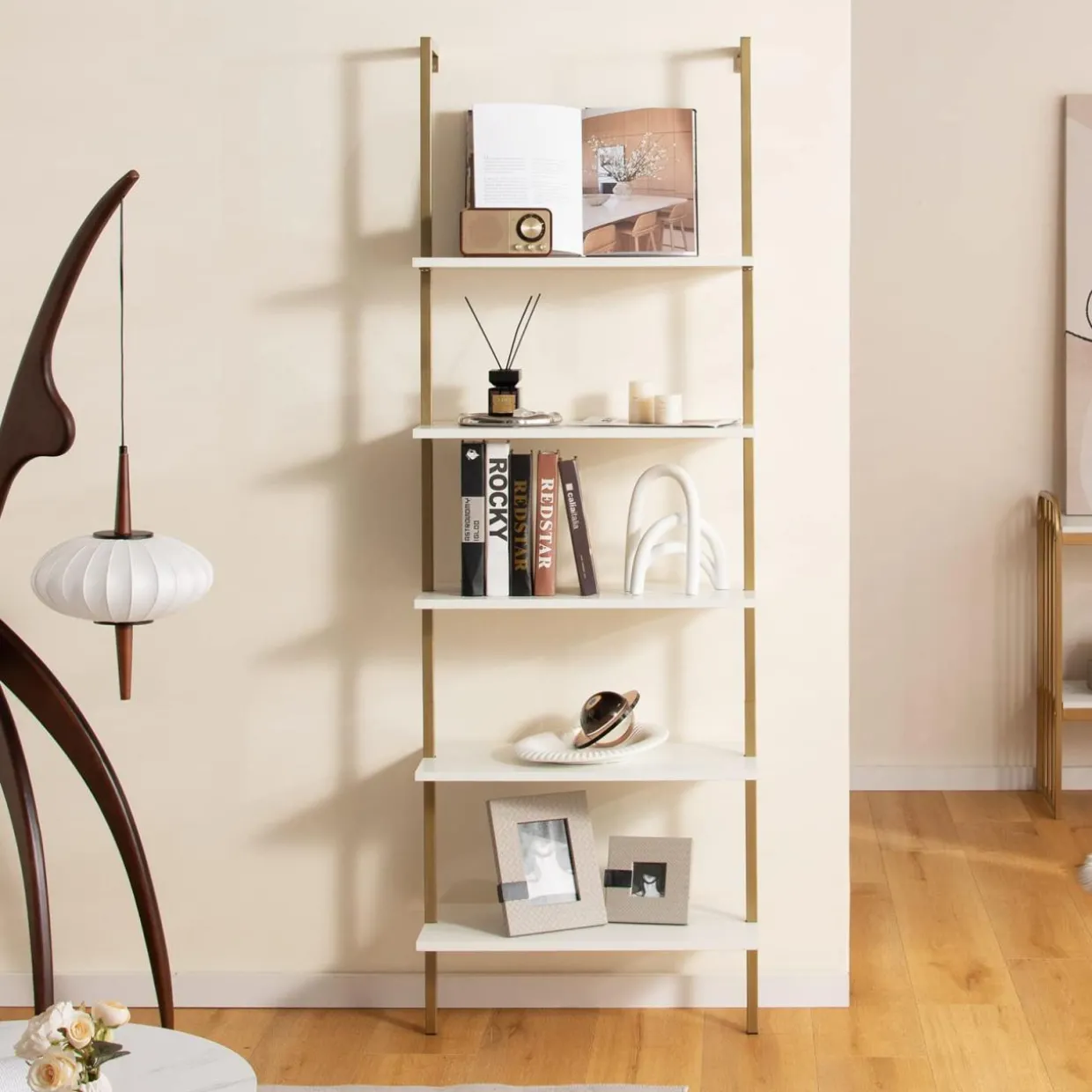 Tangkula Ladder Shelf, 5-Tier Industrial Ladder Bookshelf, Wall Mounted Tall 5-Shelf Modern Bookcase Open Display Shelf with Steel Frame