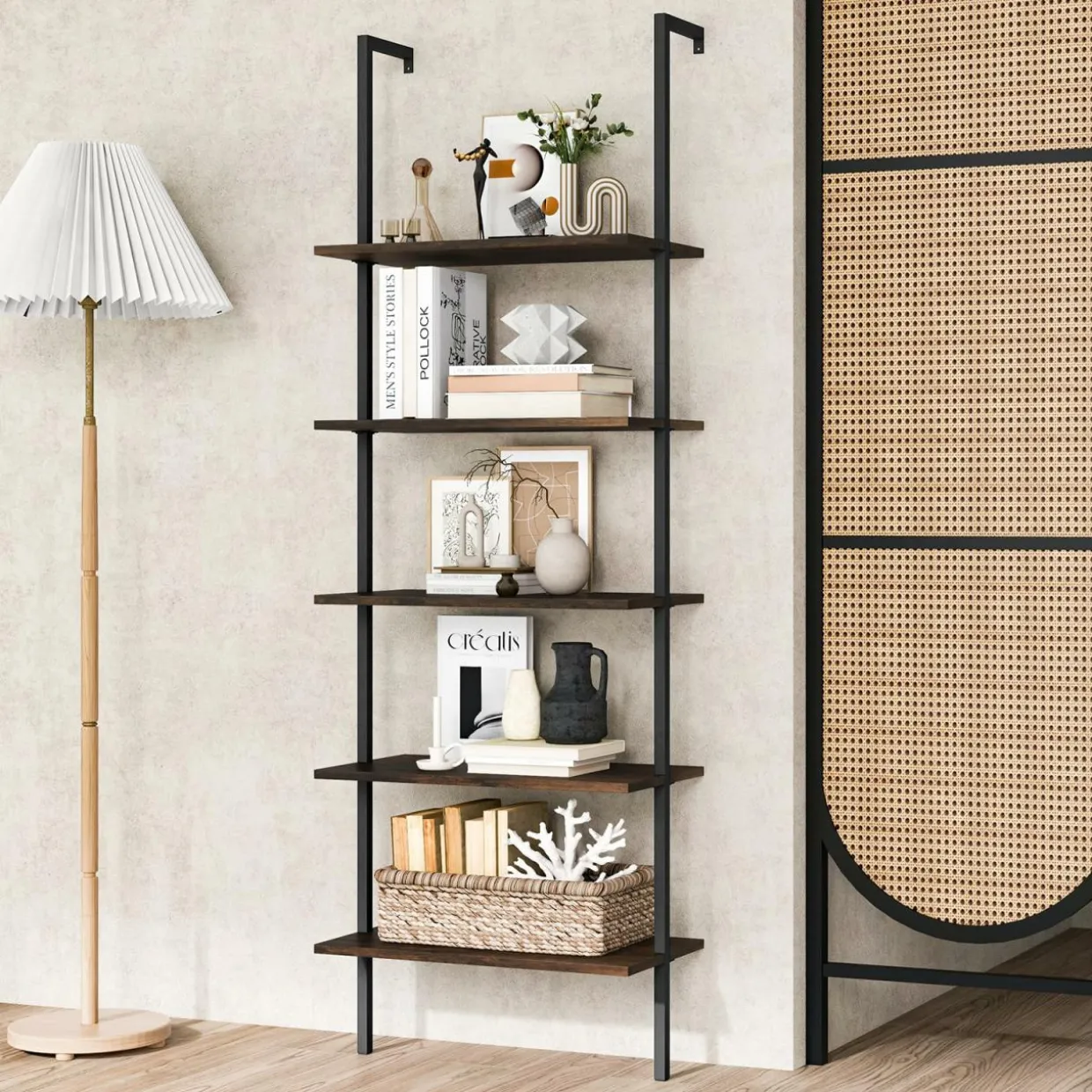 Tangkula Ladder Shelf, 5-Tier Industrial Ladder Bookshelf, Wall Mounted Tall 5-Shelf Modern Bookcase Open Display Shelf with Steel Frame