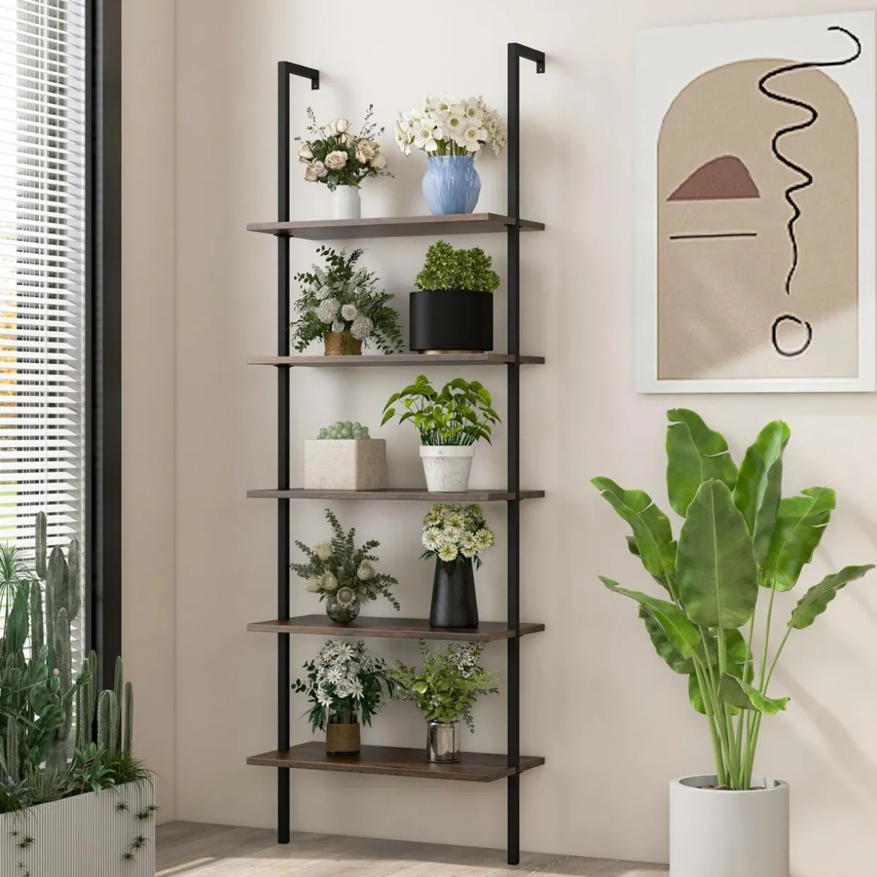 Tangkula Ladder Shelf, 5-Tier Industrial Ladder Bookshelf, Wall Mounted Tall 5-Shelf Modern Bookcase Open Display Shelf with Steel Frame