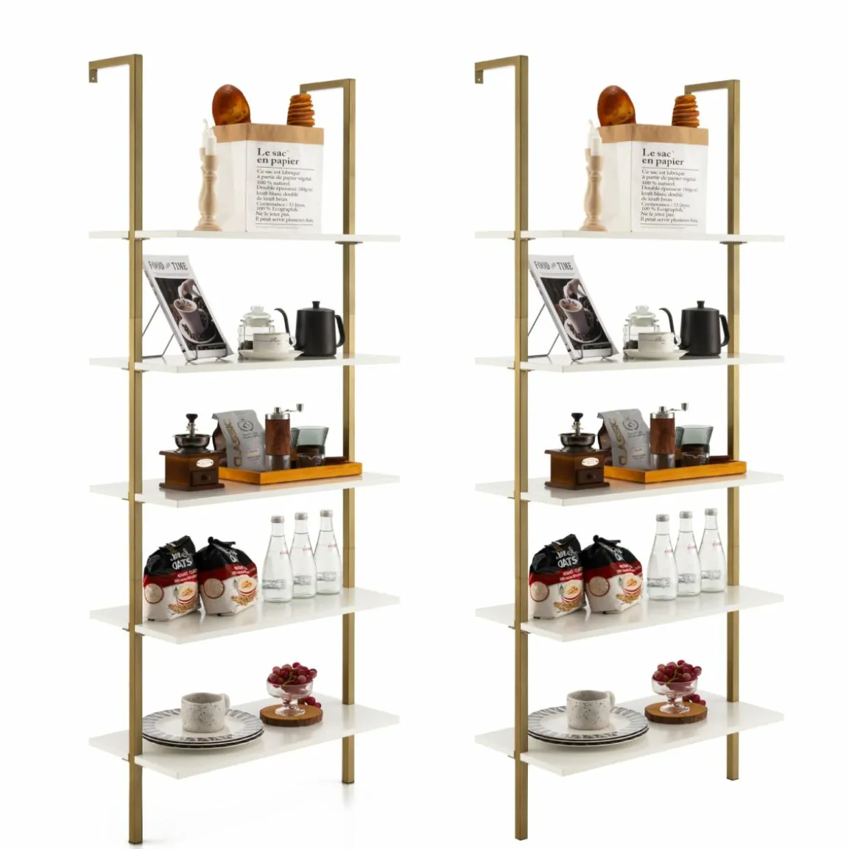 Tangkula Ladder Shelf, 5-Tier Industrial Ladder Bookshelf, Wall Mounted Tall 5-Shelf Modern Bookcase Open Display Shelf with Steel Frame