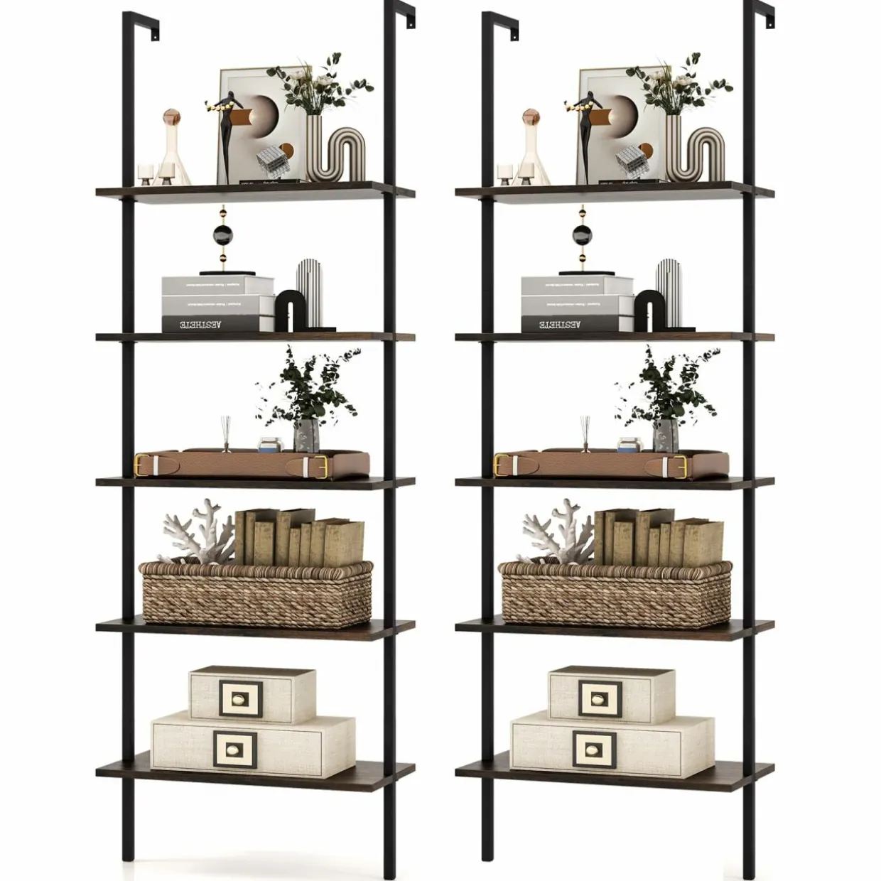 Tangkula Ladder Shelf, 5-Tier Industrial Ladder Bookshelf, Wall Mounted Tall 5-Shelf Modern Bookcase Open Display Shelf with Steel Frame