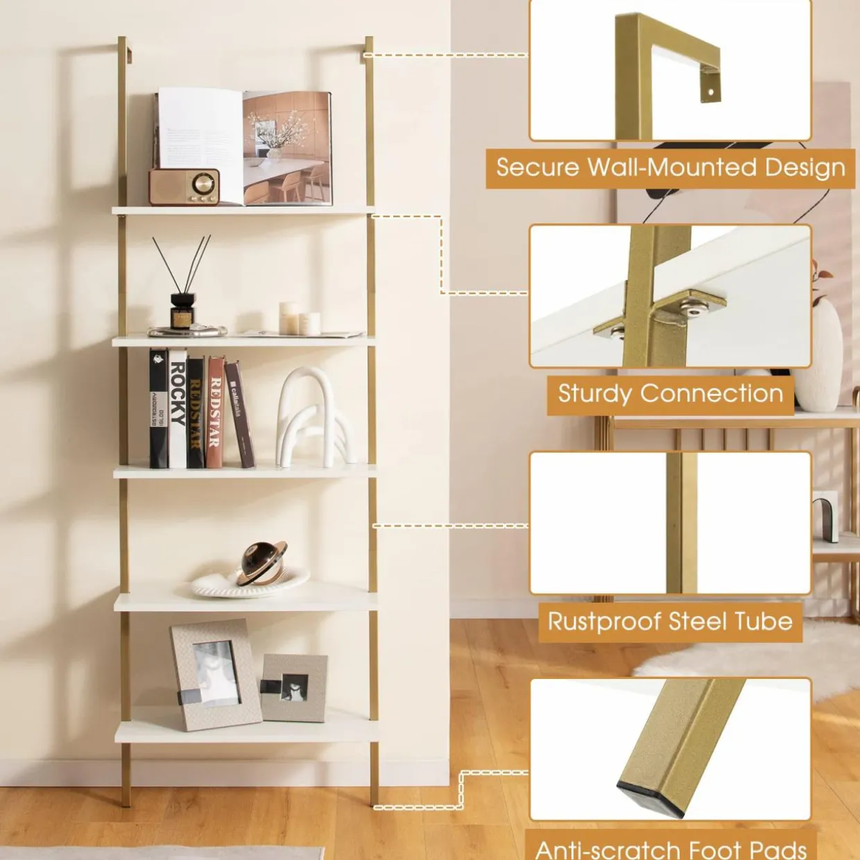 Tangkula Ladder Shelf, 5-Tier Industrial Ladder Bookshelf, Wall Mounted Tall 5-Shelf Modern Bookcase Open Display Shelf with Steel Frame
