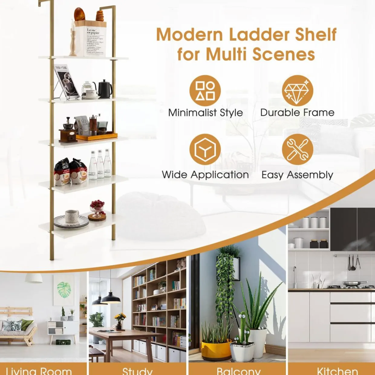 Tangkula Ladder Shelf, 5-Tier Industrial Ladder Bookshelf, Wall Mounted Tall 5-Shelf Modern Bookcase Open Display Shelf with Steel Frame