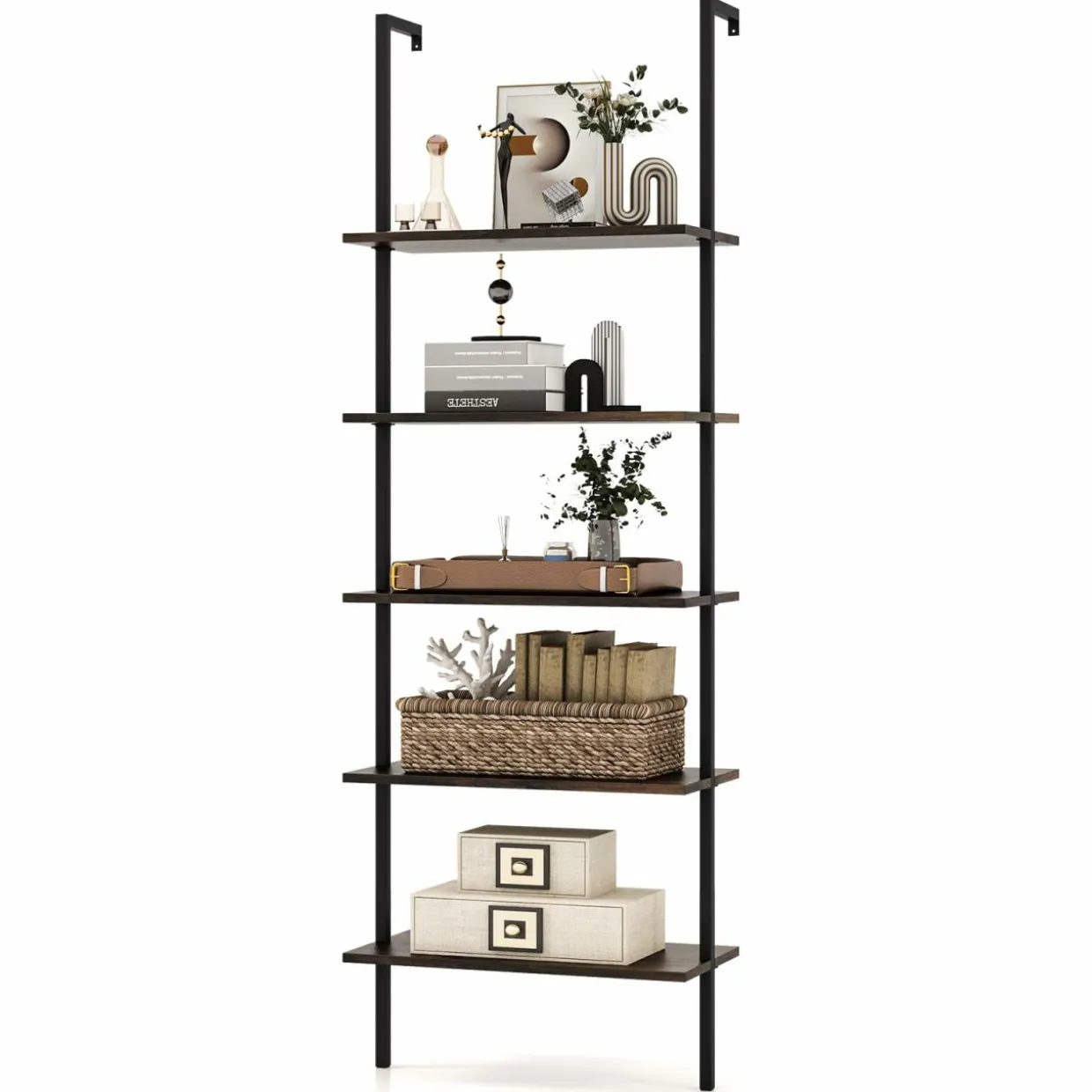 Tangkula Ladder Shelf, 5-Tier Industrial Ladder Bookshelf, Wall Mounted Tall 5-Shelf Modern Bookcase Open Display Shelf with Steel Frame