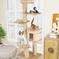 Tangkula Large Cat Tree Tower, Multi-Level Tall Cat Tree with Sisal Posts, Hammocks & Hanging Basket for Indoor Large Cats