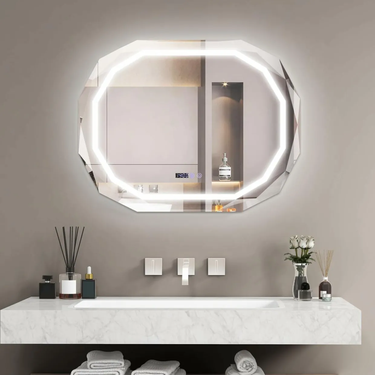 Tangkula LED Bathroom Mirror, Single Beveled Edge Anti-Fog Mirror with 3 Color LED Light, Memory Function