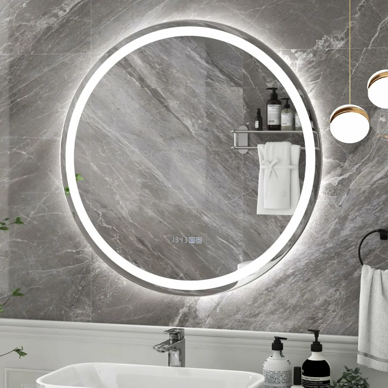 Tangkula LED Bathroom Mirror, Wall Mounted Round Mirror w/ 3-Color Dimmable Lights