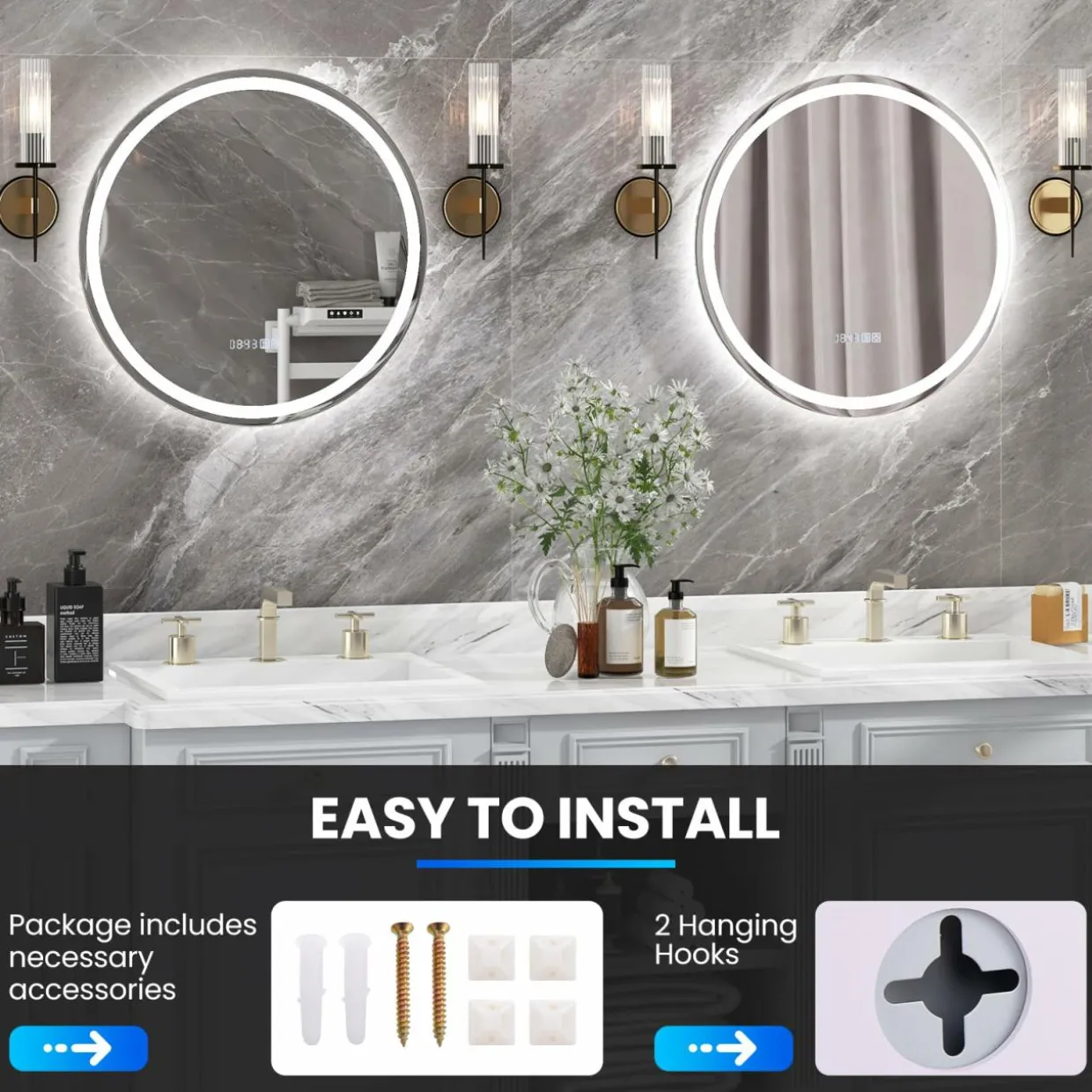 Tangkula LED Bathroom Mirror, Wall Mounted Round Mirror w/ 3-Color Dimmable Lights