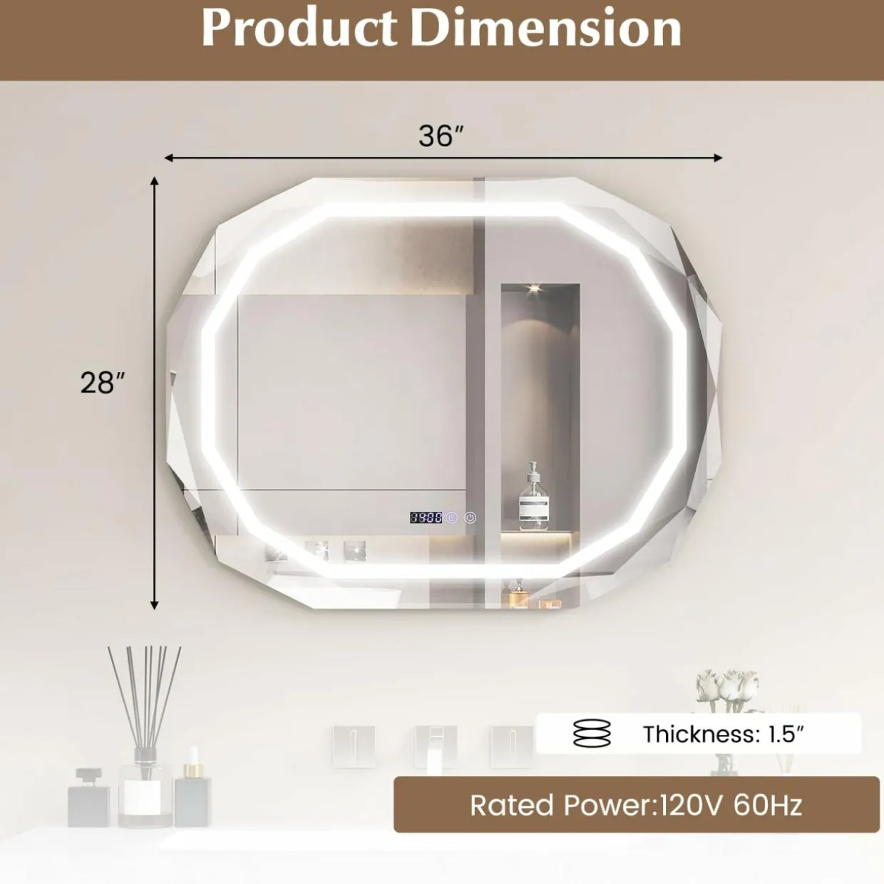 Tangkula LED Bathroom Mirror, Single Beveled Edge Anti-Fog Mirror with 3 Color LED Light, Memory Function
