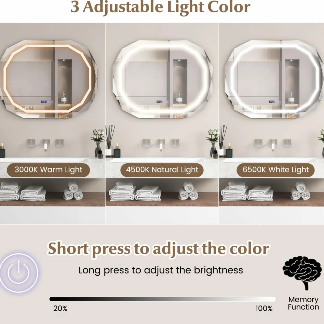 Tangkula LED Bathroom Mirror, Single Beveled Edge Anti-Fog Mirror with 3 Color LED Light, Memory Function