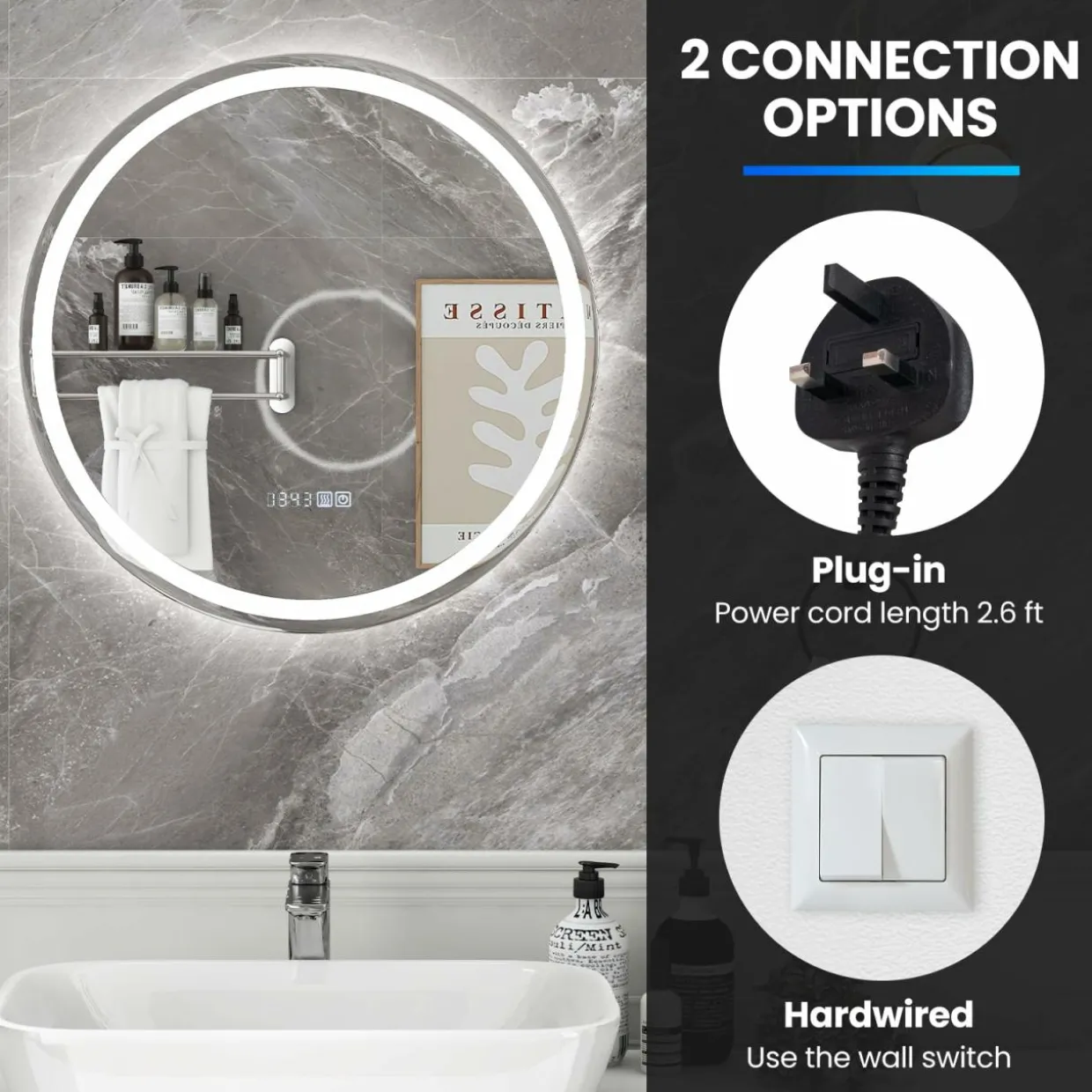 Tangkula LED Bathroom Mirror, Wall Mounted Round Mirror w/ 3-Color Dimmable Lights