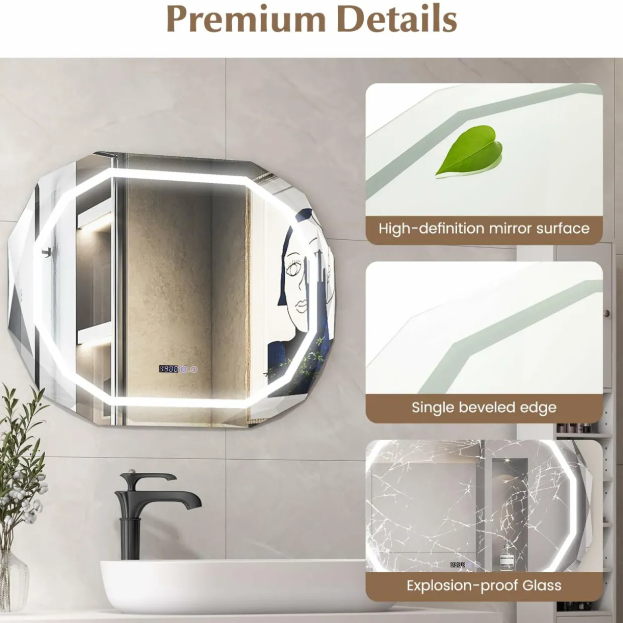 Tangkula LED Bathroom Mirror, Single Beveled Edge Anti-Fog Mirror with 3 Color LED Light, Memory Function