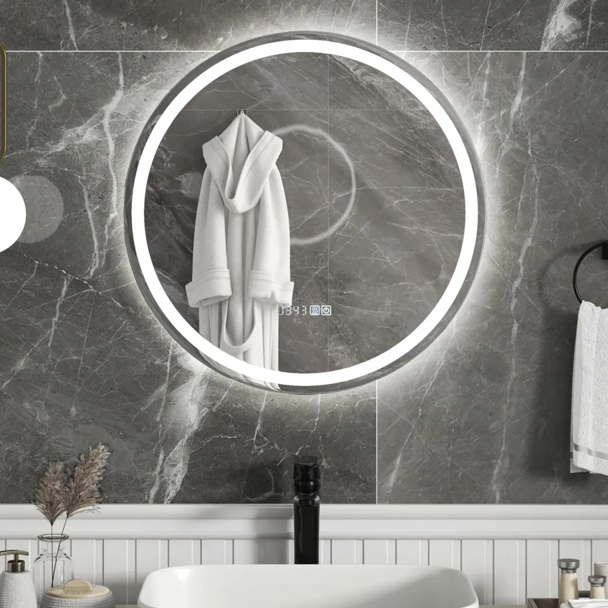 Tangkula LED Bathroom Mirror, Wall Mounted Round Mirror w/ 3-Color Dimmable Lights