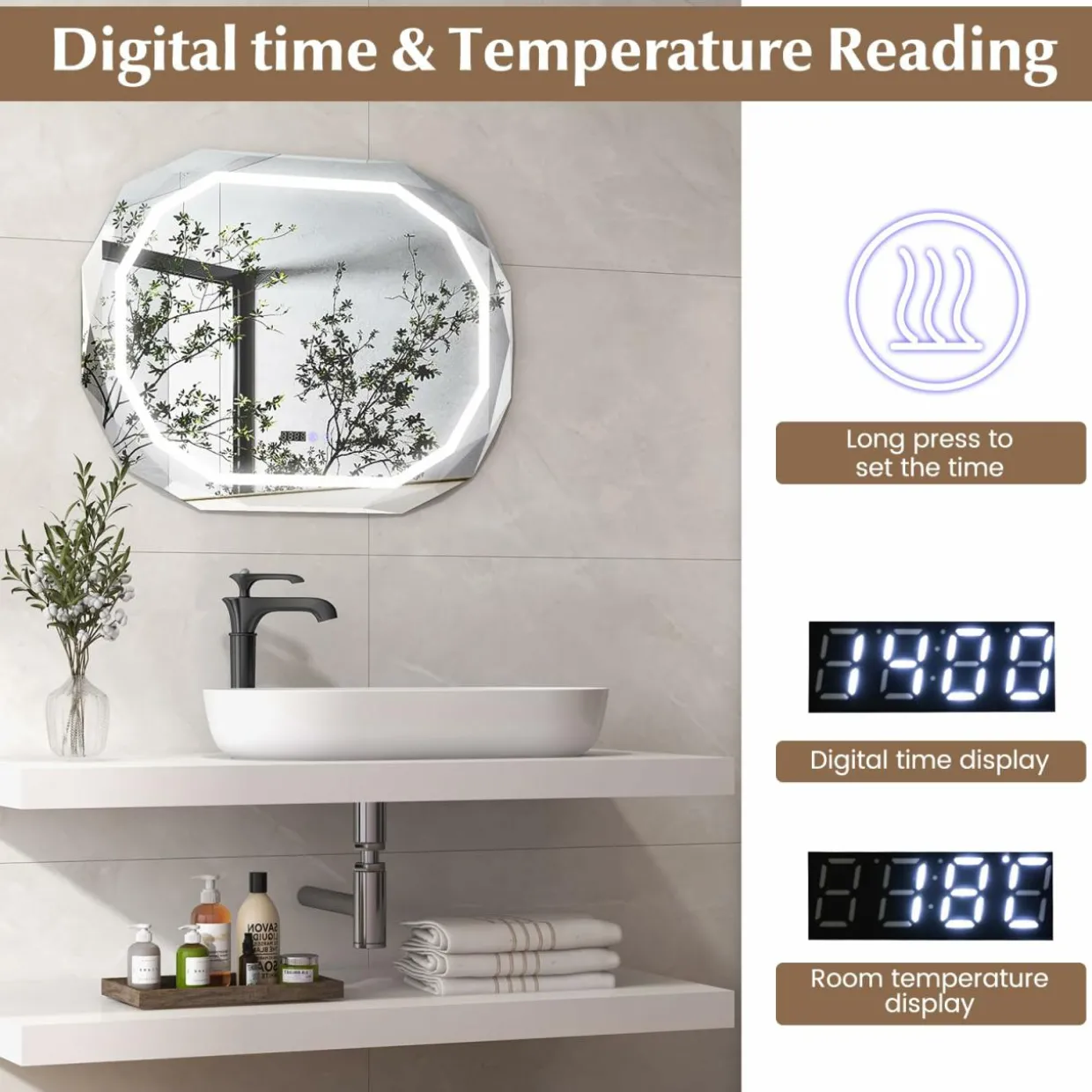Tangkula LED Bathroom Mirror, Single Beveled Edge Anti-Fog Mirror with 3 Color LED Light, Memory Function