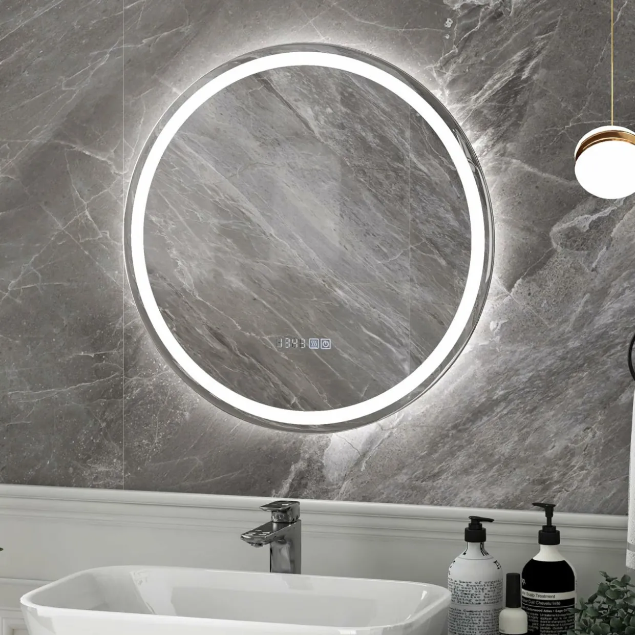 Tangkula LED Bathroom Mirror, Wall Mounted Round Mirror w/ 3-Color Dimmable Lights