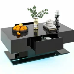 Tangkula LED Coffee Table with 2 Drawers, High Glossy Modern Center Table