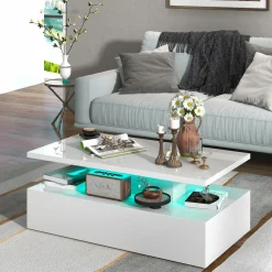 Tangkula LED Coffee Table, Modern High Gloss Coffee Table