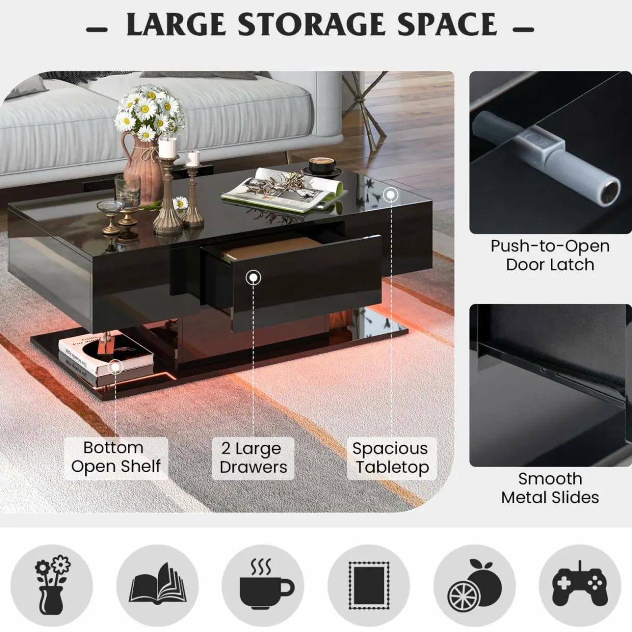 Tangkula LED Coffee Table with 2 Drawers, High Glossy Modern Center Table