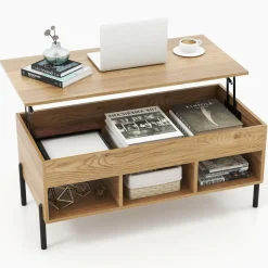 Tangkula Lift Top Coffee Table with Metal Legs, Rising Center Table w/Hidden Compartment & 3 Open Cubbies
