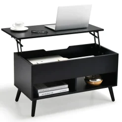 Tangkula Lift Top Coffee Table, Modern Cocktail Table with Hidden Compartment & 2 Open Shelves