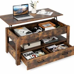 Tangkula Lift Top Coffee Table, Industrial Accent Table with Enclosed Compartment