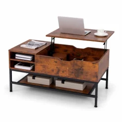 Tangkula Lift Top Coffee Table, Industrial Living Room Table with Hidden Compartment(Industrial, Rustic Brown)