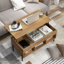 Tangkula Lift Top Coffee Table with Metal Legs, Rising Center Table w/Hidden Compartment & 3 Open Cubbies