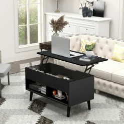 Tangkula Lift Top Coffee Table, Modern Cocktail Table with Hidden Compartment & 2 Open Shelves