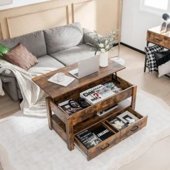Tangkula Lift Top Coffee Table, Industrial Accent Table with Enclosed Compartment