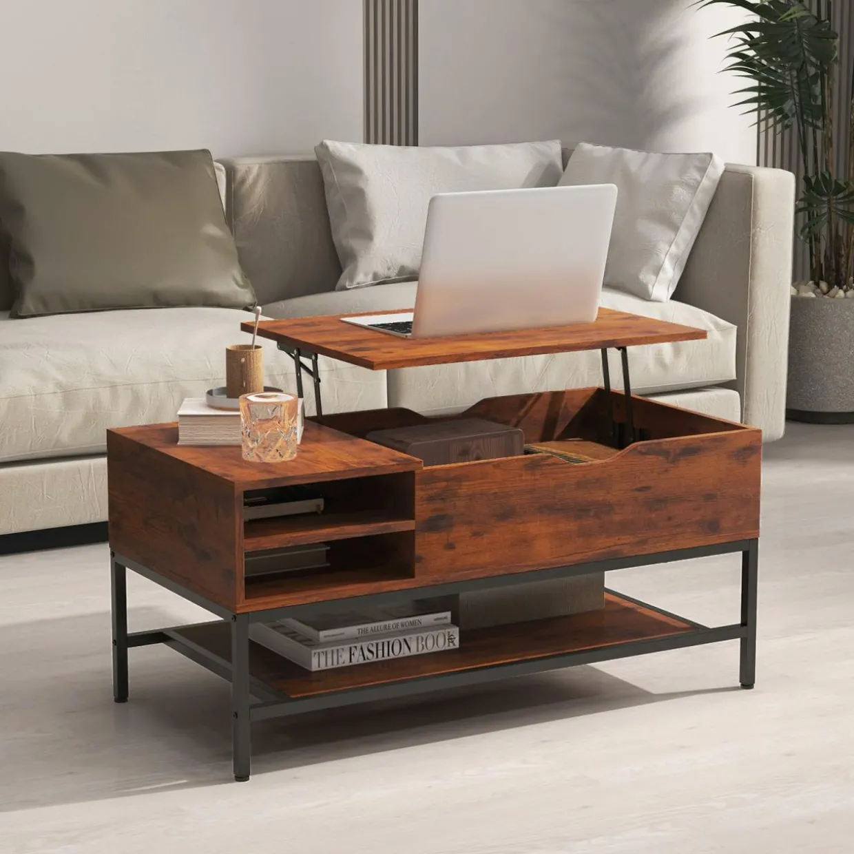 Tangkula Lift Top Coffee Table, Industrial Living Room Table with Hidden Compartment(Industrial, Rustic Brown)