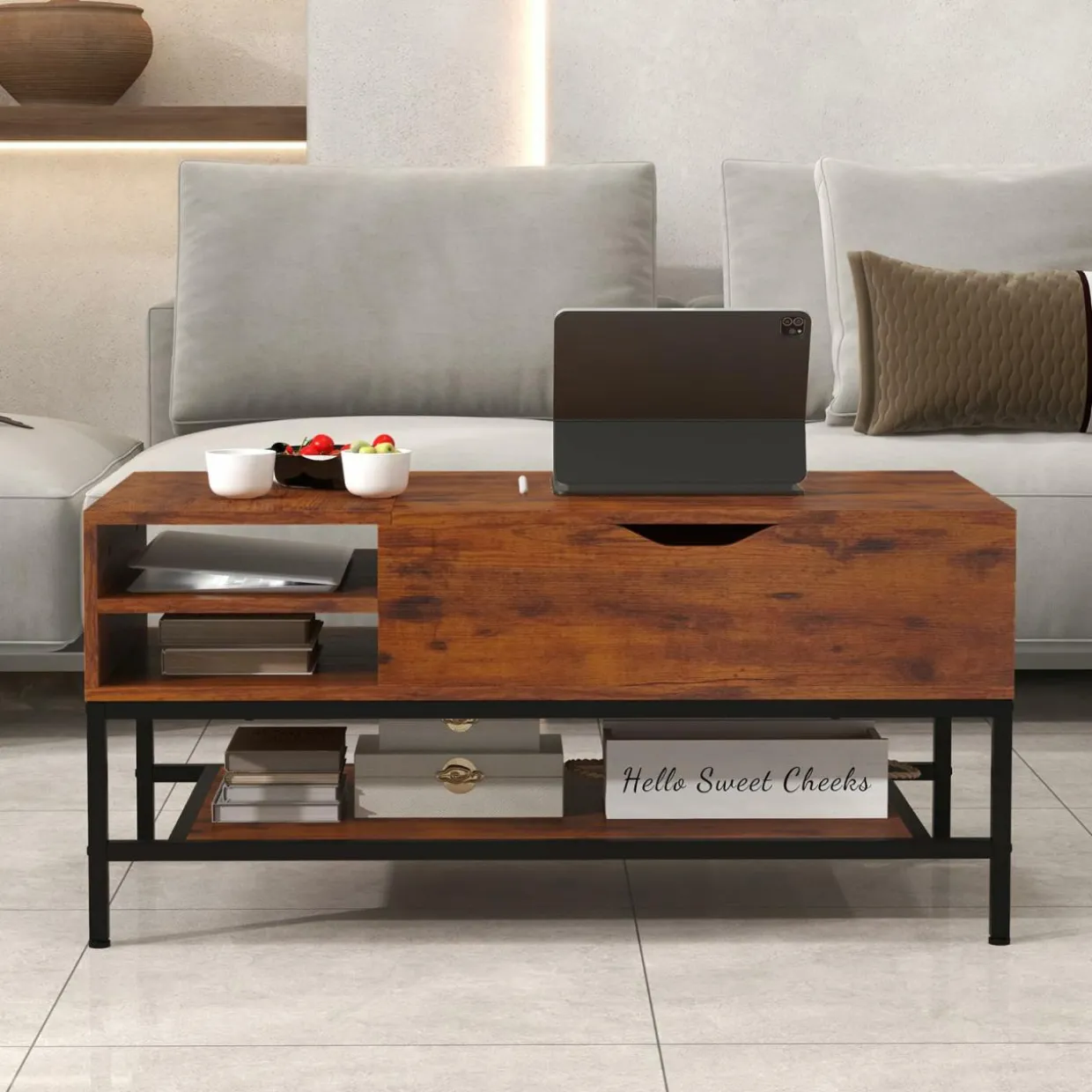 Tangkula Lift Top Coffee Table, Industrial Living Room Table with Hidden Compartment(Industrial, Rustic Brown)
