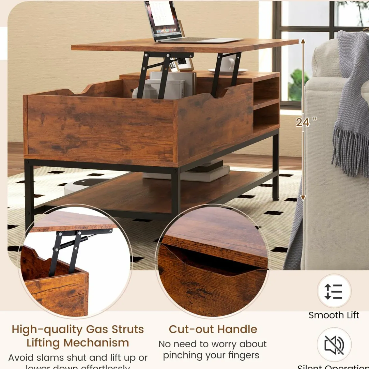 Tangkula Lift Top Coffee Table, Industrial Living Room Table with Hidden Compartment(Industrial, Rustic Brown)