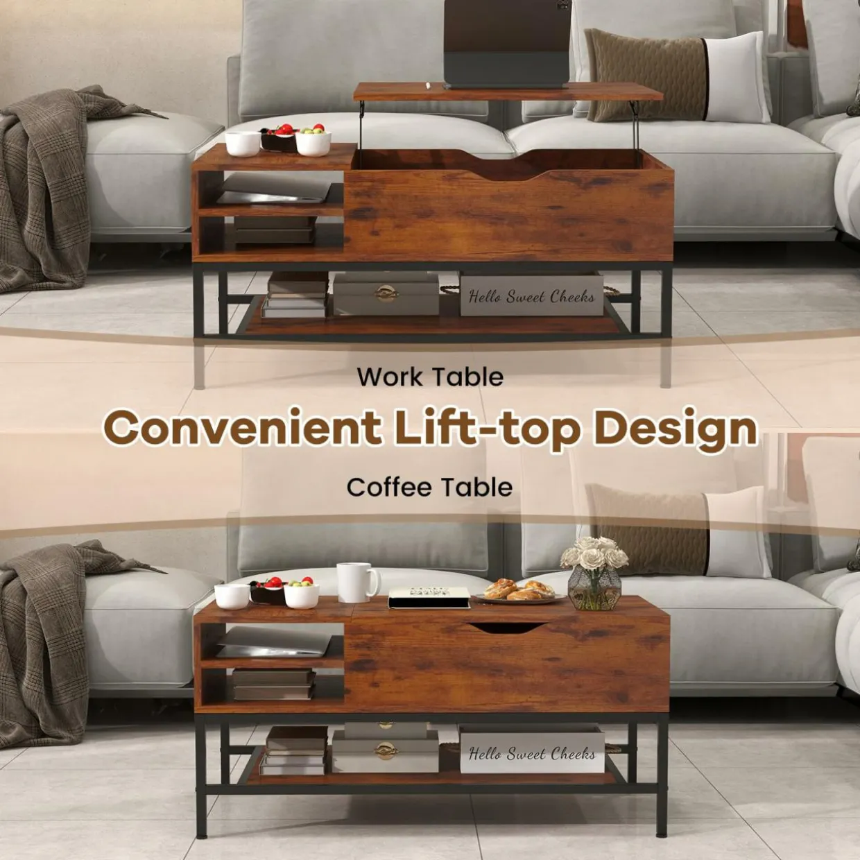 Tangkula Lift Top Coffee Table, Industrial Living Room Table with Hidden Compartment(Industrial, Rustic Brown)