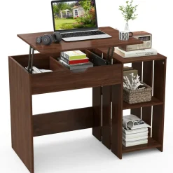 Tangkula Lift Top Computer Desk, Small Standing Laptop Desk with 2 Hidden Compartments & 2 Open Storage Shelves