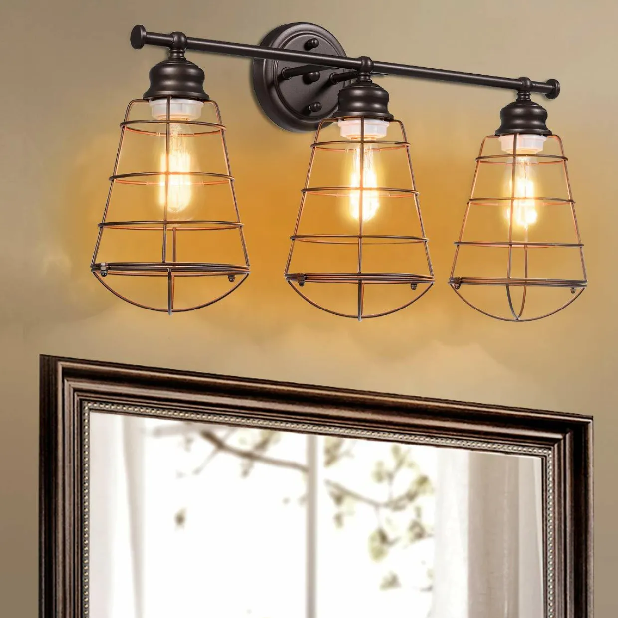 Tangkula 3-Light Vintage Vanity Lights, Industrial Metal Wire Cage Wall Sconces(Black & Golden)