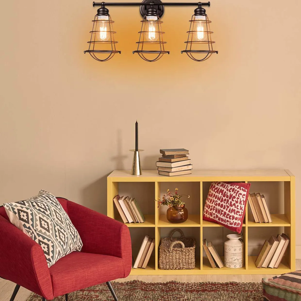 Tangkula 3-Light Vintage Vanity Lights, Industrial Metal Wire Cage Wall Sconces(Black & Golden)