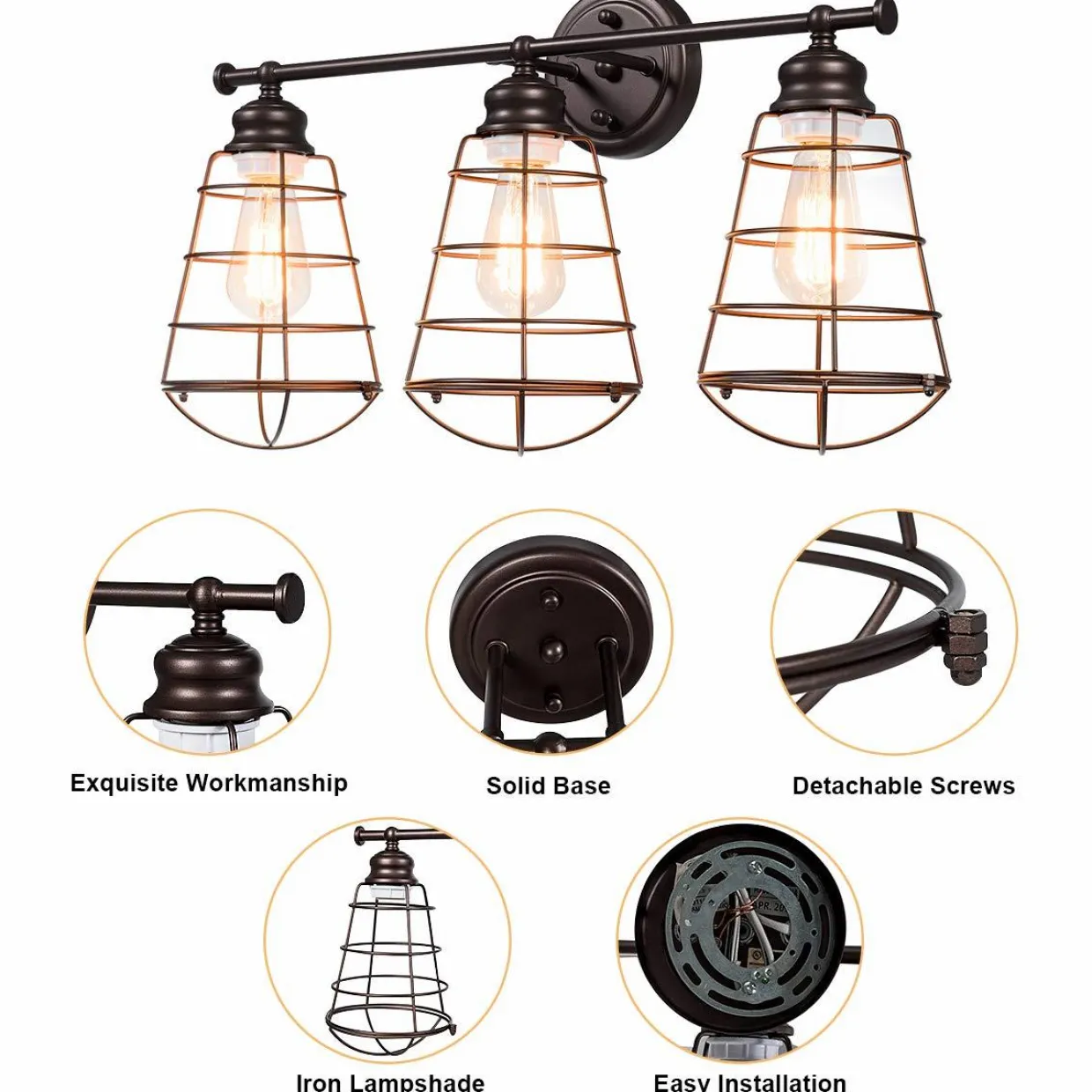 Tangkula 3-Light Vintage Vanity Lights, Industrial Metal Wire Cage Wall Sconces(Black & Golden)