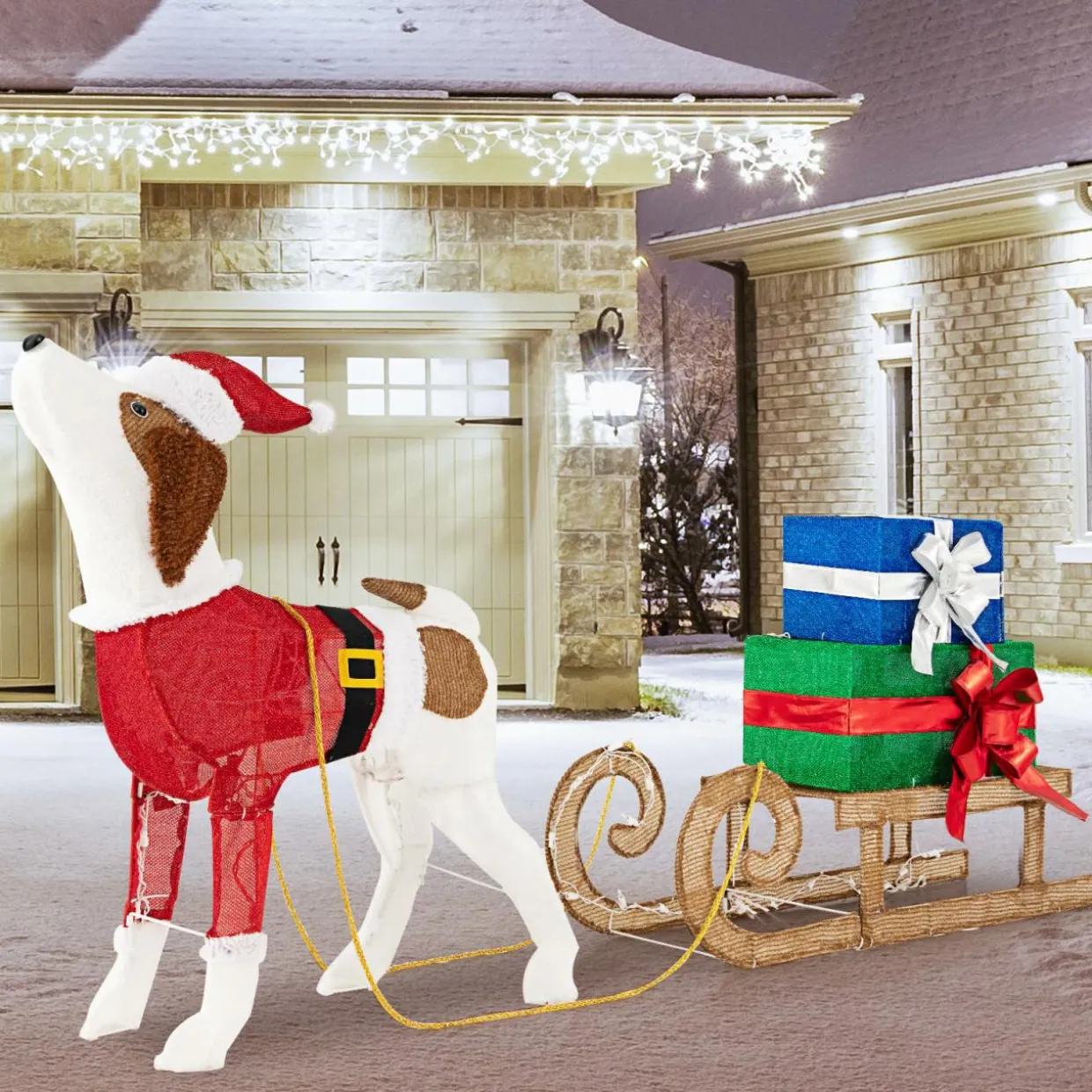 Tangkula Lighted Christmas Dog with Sleigh & Gift Boxes Combo Decorations