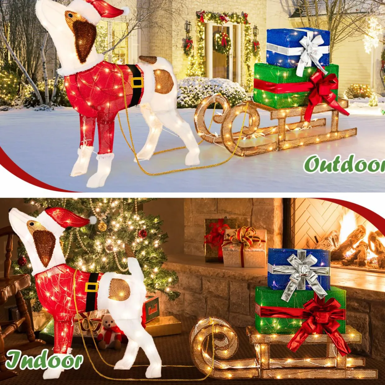 Tangkula Lighted Christmas Dog with Sleigh & Gift Boxes Combo Decorations
